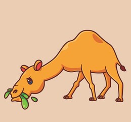 cute camel eating grass on the fround. isolated cartoon animal illustration. Flat Style Sticker Icon Design Premium Logo vector. Mascot Character