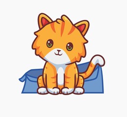 cute cat sitting on his cardboard box. isolated cartoon animal illustration. Flat Style Sticker Icon Design Premium Logo vector. Mascot Character