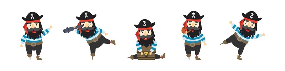 Set of cute pirate in different poses. A vector cartoon character stands, sits, hugs a chest of gold. Set of elements for design, patterns and prints.