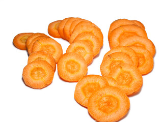 Sliced ​​carrot. Carrot slices on a white background. Vegetarian food. Fresh vegetable
