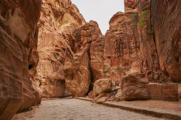 paved road between red sandstone cliffs, Petra, Jordan