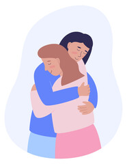 Hugging women. Happy meeting or supportive hugs. Flat style vector illustration.
