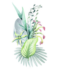 Watercolor tropical flowers. Bouquets and frames from tropical plants and flowers of Australia. For postcards, design of invitations, stickers. wedding, valentine's day, birthday