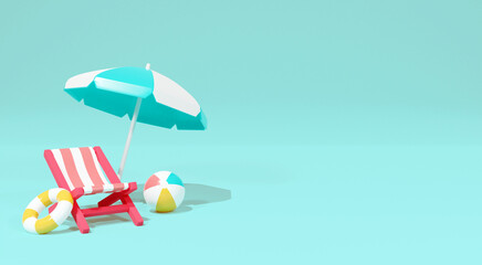 beach chairs and umbrella. beach chair with parasol on blue. summer background 3D Rendering