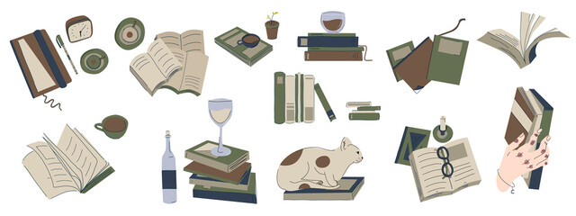 Stacks of books for reading, pile of textbooks for education. Set of literature, dictionaries, encyclopedias, planners.Coffee cups and cat on book.Flat vector illustration isolated on white background