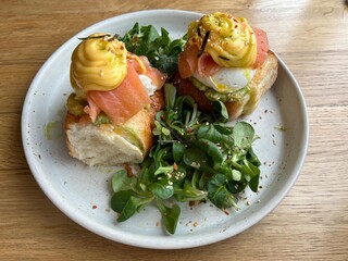 brioche with poached egg and salmon