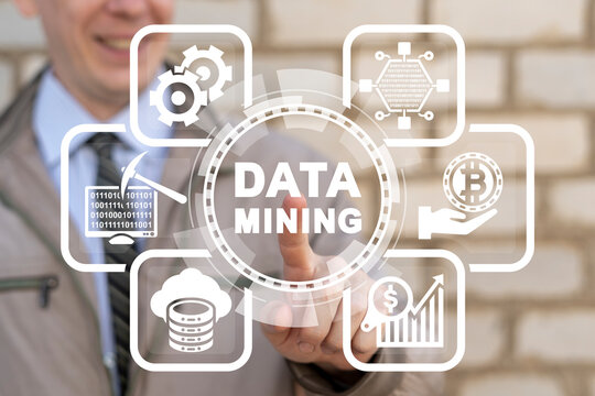 Business, Technology, Internet and Network concept. Young businessman using virtual touchscreen presses data mining inscription. Data mining for business and organization.