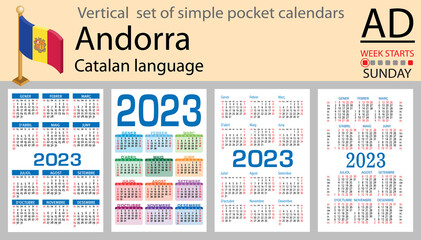 Catalan vertical pocket calendar for 2023. Week starts Sunday