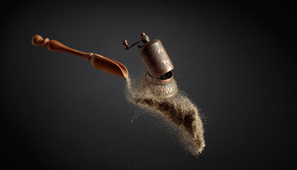Pepper grinder and spoon with pepper ground.