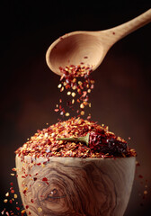 Chilli flakes are poured into a wooden dish.