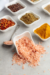 Himalayan pink salt and various spices.