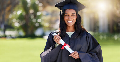 Its been a long journey. Cropped portrait of an attractive young female student celebrating on...