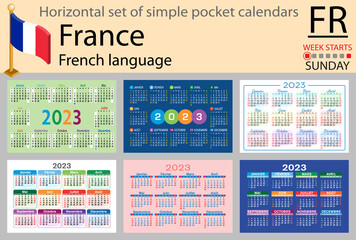 French horizontal pocket calendar for 2023. Week starts Sunday