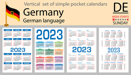 German vertical pocket calendar for 2023. Week starts Sunday