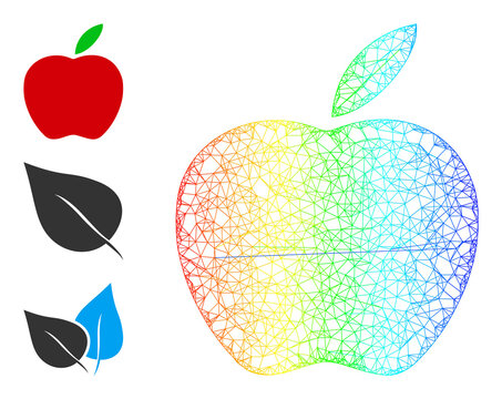 Spectrum colorful crossing mesh apple. Crossed frame 2d network geometric image based on apple icon, is created with intersected lines. Colorful crossing mesh icon.