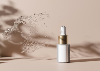 Blank, unbranded cosmetic serum bottle with water splash. Skin care product presentation on brown background. Luxury mockup. Dropper bottle, hyaluronic acid, oil, serum with copy space. 3D rendering. - obrazy, fototapety, plakaty