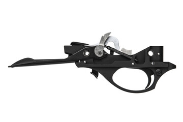 Shock trigger for shotgun isolate on white back. Gun trigger. Repair spare part.