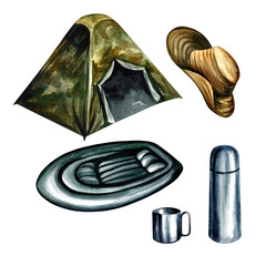 A set of hiking, tourist equipment. Isolate on white background. Watercolor illustration. For design tourism solutions.
