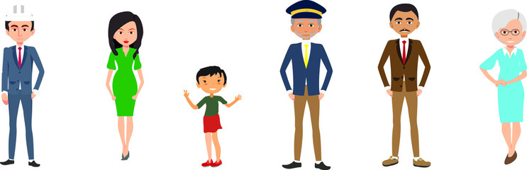 Vector illustration of diverse cartoon men and women of various races, ages and body type in office outfits. Isolated on white.
