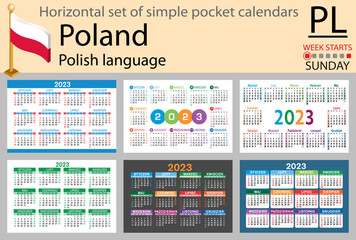 Polish horizontal pocket calendar for 2023. Week starts Sunday