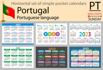 Portuguese horizontal pocket calendar for 2023. Week starts Sunday