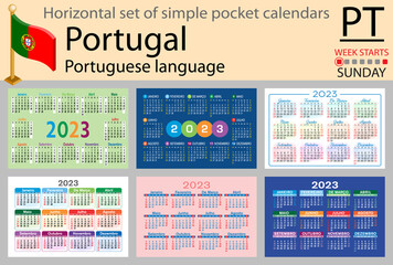 Portuguese horizontal pocket calendar for 2023. Week starts Sunday