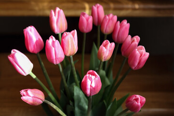 Obraz premium Bouquet of pink vibrant Tulips. Tulips background. Spring flowers. Pink blooming Tulips on wooden background . First spring flowers. Beautiful backdrop. Place for text. Beautiful postcard banner