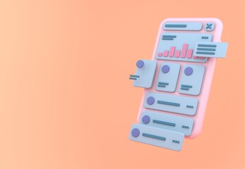 3d pink mobile phone with user interface on orange background