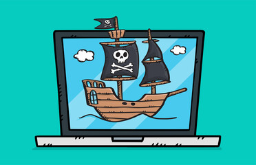 Colorful doodle of laptop with sailing pirate ship on screen. Hand drawn vector illustration.