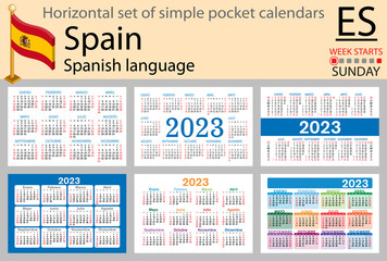 Spanish horizontal pocket calendar for 2023. Week starts Sunday