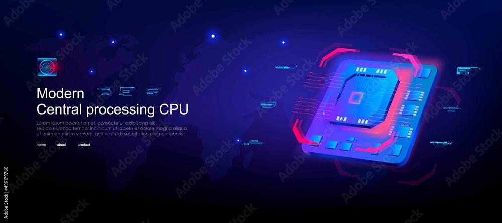 Poster modern cpu illustration central computer processor. futuristic microchip processor. new generation d