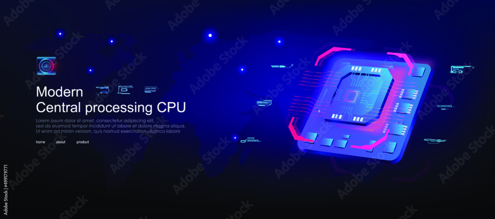 Poster modern cpu illustration central computer processor. futuristic microchip processor. new generation d