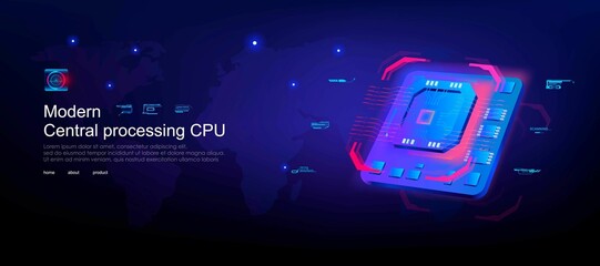 Modern CPU illustration central Computer Processor. Futuristic microchip processor. New generation digital chip with HUD elements. Advanced internet technologies