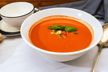 High view of a fountain with Andalusian Gazpacho. A vegetable and organic summer soup or cold drink.