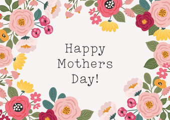 Happy Mother's day greeting card, poster, banner, flyer template. Spring bright floral frame with hand drawn scandinavian style flowers on a white background