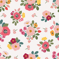 Floral femine bright flower seamless pattern, colorful hand drawn vector digital paper background for fabric, textile, stationery, wallpaper.