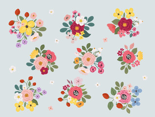 Flower bouquet vector illustration clipart, decorative hand drawn scandinavian style floral elements isolated on background. Spring and summer meadow flowers for cards, banners, flyer design