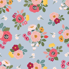 Fototapeta na wymiar Bright feminine meadow flower seamless pattern, colorful hand drawn vector digital paper background for fabric, textile, stationery, wallpaper.