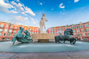 Fountain of the Sun, Place Massena in center of Nice, France, Place Carlou Aubert, tourism, sunny...
