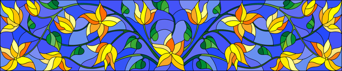 Fototapeta na wymiar Illustration in stained glass style with abstract yellow flowers on a blue background,horizontal orientation