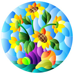 Naklejka premium Illustration in stained glass style with still life, a bouquet of sunflowers and fruit on a blue background, round image