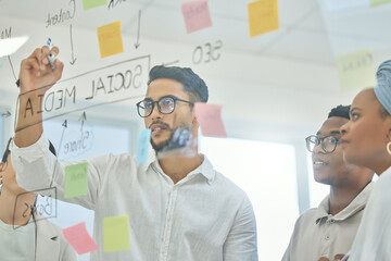 Coming up with a winning strategy. Cropped shot of a group of diverse young businesspeople working on a glass wipe board in the boardroom.