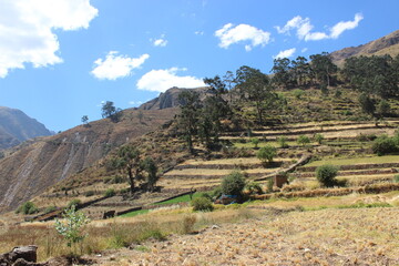 Fototapeta na wymiar Beautiful landscape of antique platforms in San Lorenzo de Quinti town in Huarochiri, highlands of Lima