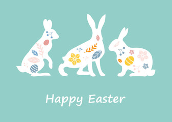 Happy Easter Postcard With Rabbits, Vector Illustration, Vector Illustration