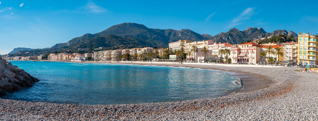 Menton, France - December 7, 2021: Panorama of the famous French seaside tourist resort of Menton...