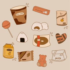 Hand drawn of delicious snack collection with cute candy 
