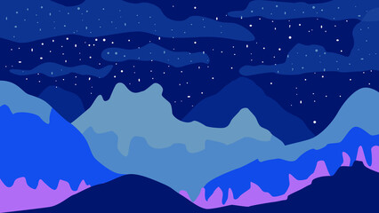 Night landscape with silhouette of foggy mountains Korean. Nature background with oriental scene. Vector flat winter illustration.