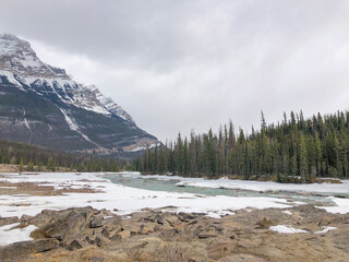 Stream in Canadian rocky mountains during winter