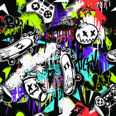 Abstract seamless grunge doodle pattern. Street art style repeat print for sport textile, boy clothes, wrapping paper. Comics repeated ornament with gamepads, spray bottle, bomb cartoon character.