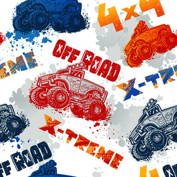 Off road truck seamless pattern. Extreme automobile outline endless ornament with Grunge text and spray paint ink background. Powerful vehicle repeat print for sport textile, wrapping paper